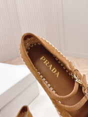 PRADA 26S MARY JANE ESPADRILLES SHOES IN CARAMEL BROWN SUEDE WITH LOGO