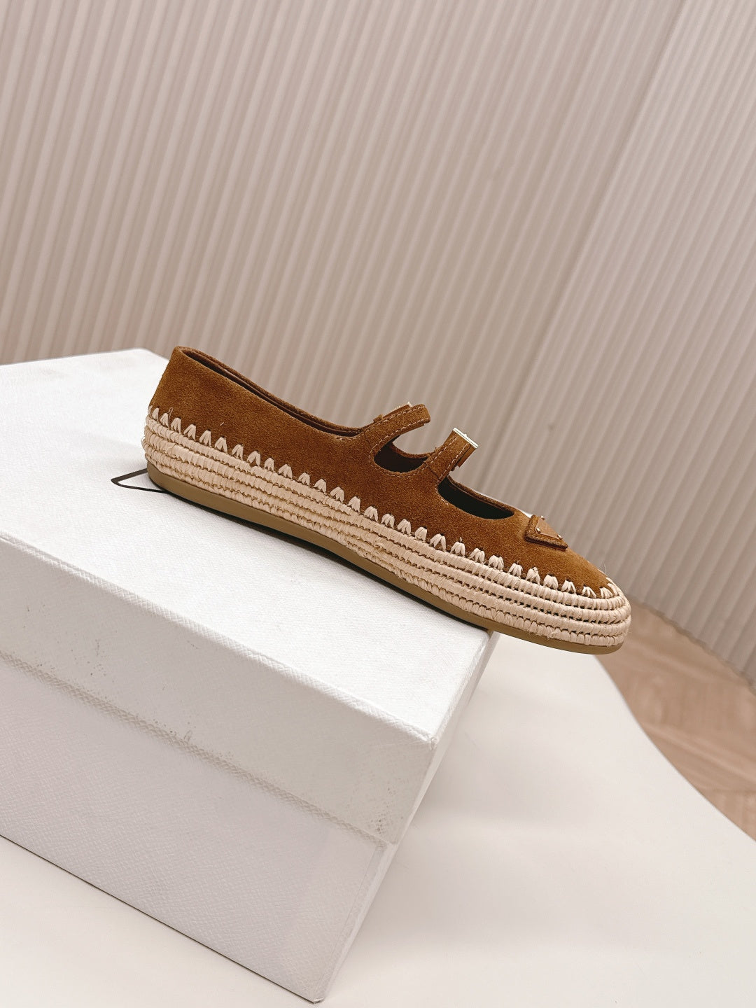 PRADA 26S MARY JANE ESPADRILLES SHOES IN CARAMEL BROWN SUEDE WITH LOGO