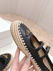 PRADA 26S MARY JANE ESPADRILLES SHOES IN BLACK CALFSKIN WITH LOGO