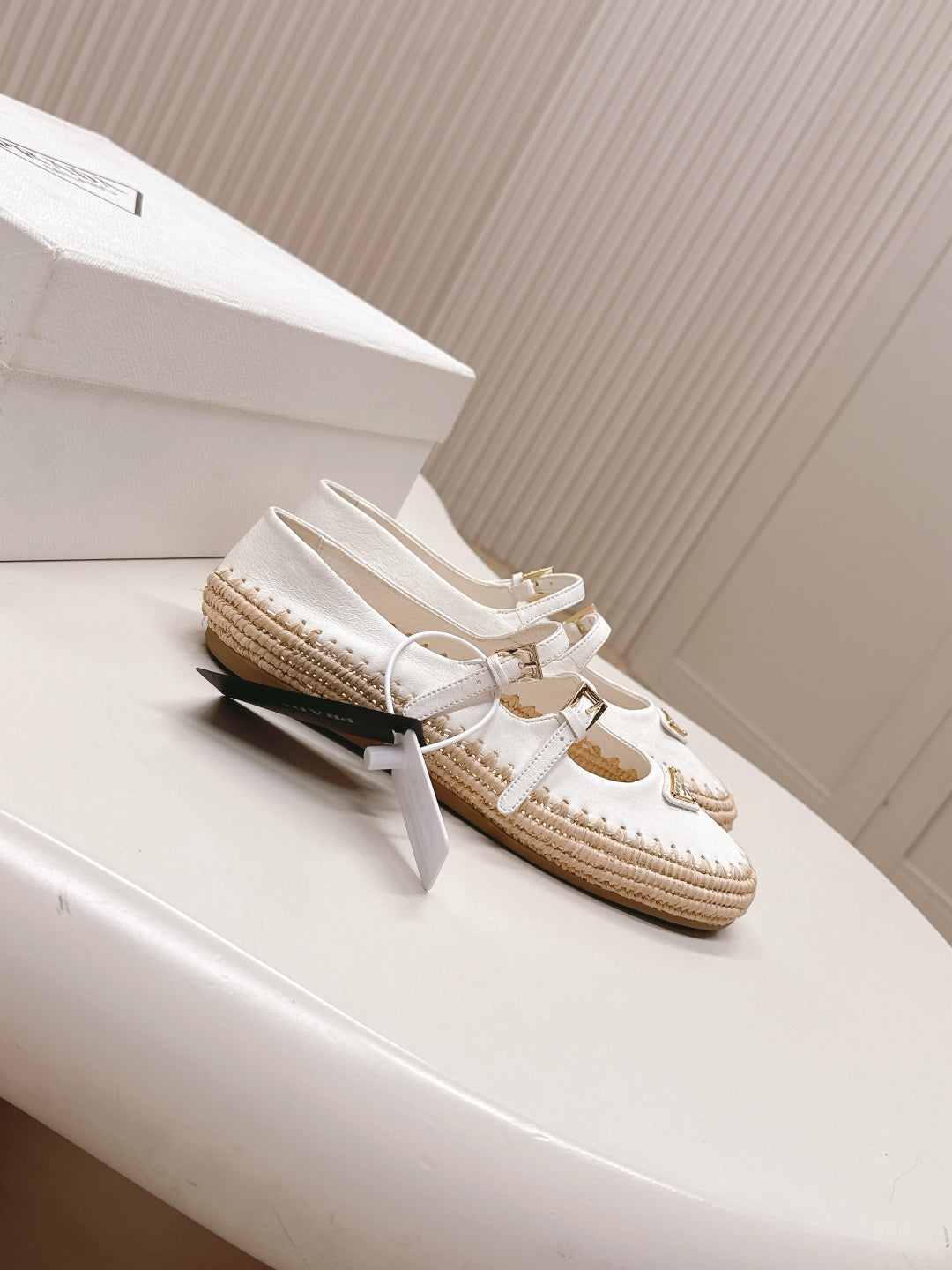 PRADA 26S MARY JANE ESPADRILLES SHOES IN WHITE CALFSKIN WITH LOGO