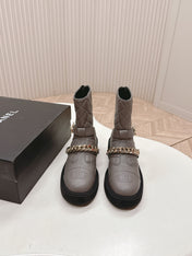 CHANEL ANKLE BOOTS 25S IN SMOKY GREY LAMBSKIN EMBOSSED LOGO WITH GOLD HARDWARE