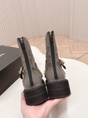 CHANEL ANKLE BOOTS 25S IN SMOKY GREY LAMBSKIN EMBOSSED LOGO WITH GOLD HARDWARE