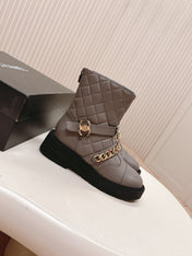 CHANEL ANKLE BOOTS 25S IN SMOKY GREY LAMBSKIN EMBOSSED LOGO WITH GOLD HARDWARE