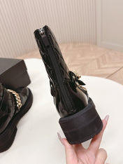 CHANEL ANKLE BOOTS 25S IN BLACK SHINY LAMBSKIN WITH GOLD HARDWARE