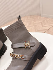 CHANEL ANKLE BOOTS 25S IN SMOKY GRAY LAMBSKIN AND FABRIC WITH GOLD HARDWARE