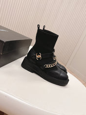 CHANEL ANKLE BOOTS 25S IN BLACK LAMBSKIN AND FABRIC WITH GOLD HARDWARE