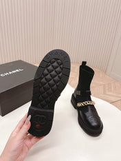 CHANEL ANKLE BOOTS 25S IN BLACK LAMBSKIN AND FABRIC WITH GOLD HARDWARE