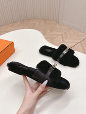 HM 25S ORAN SANDAL IN BLACK SHEARLING WITH SILVER HARDWARE