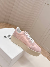 PRADA 26S PLATFORM SNEAKERS 50MM IN BLUSH PINK NYLON AND SUEDE