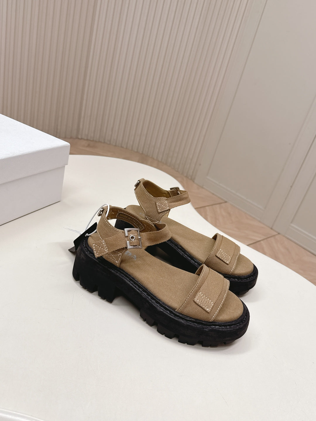 PRADA 26S SINGLE STRAP CHUNKY SOLE SANDALS IN BROWN CANVAS