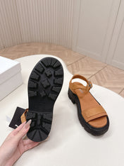 PRADA 26S SINGLE STRAP CHUNKY SOLE SANDALS IN CARAMEL BROWN CANVAS
