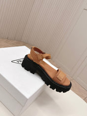 PRADA 26S SINGLE STRAP CHUNKY SOLE SANDALS IN CARAMEL BROWN CANVAS