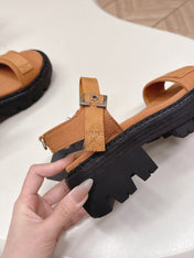 PRADA 26S SINGLE STRAP CHUNKY SOLE SANDALS IN CARAMEL BROWN CANVAS