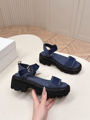 PRADA 26S SINGLE STRAP CHUNKY SOLE SANDALS IN NAVY BLUE CANVAS