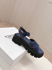 PRADA 26S CROSS STRAP CHUNKY SOLE SANDALS IN NAVY BLUE CANVAS