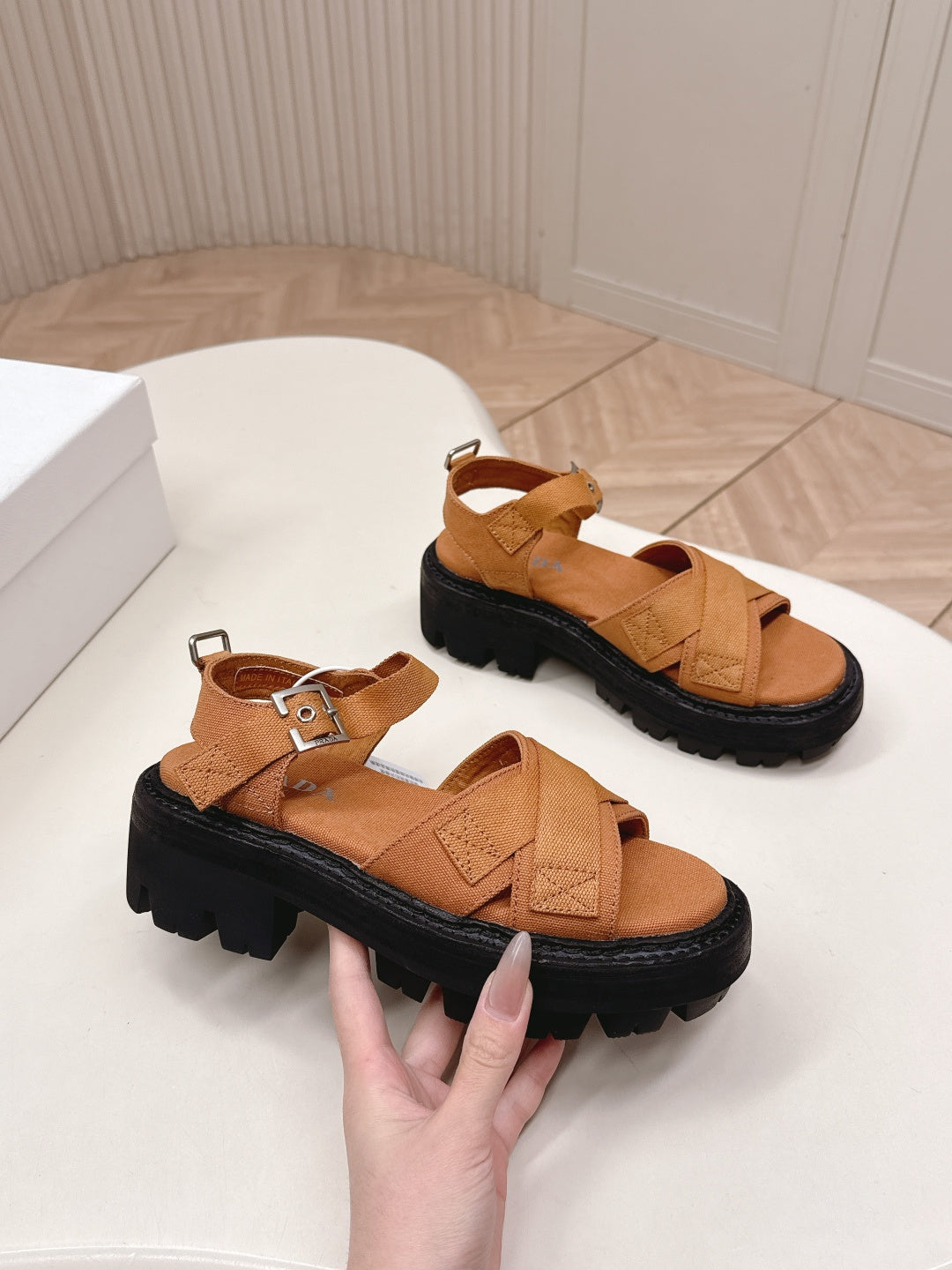 PRADA 26S CROSS STRAP CHUNKY SOLE SANDALS IN CARAMEL BROWN CANVAS