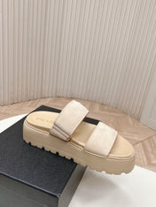 PRADA 26S DOUBLE STRAP PLATFORM SLIDES IN BEIGE CALFSKIN WITH VELCRO
