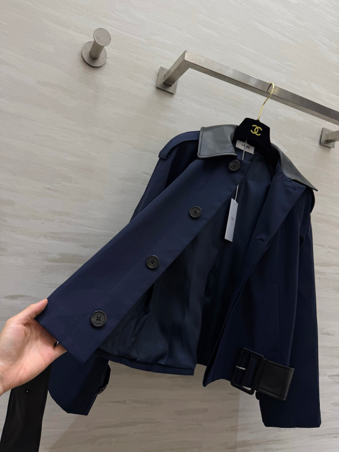 CELINE 26S LEATHER-COLLAR BELTED JACKET 626
