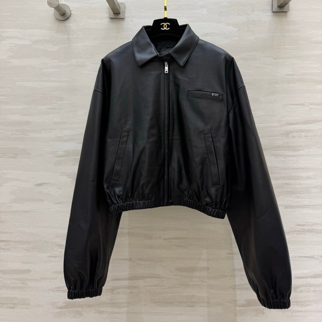 PRADA 26S CROPPED LEATHER ZIP-UP JACKET 1226