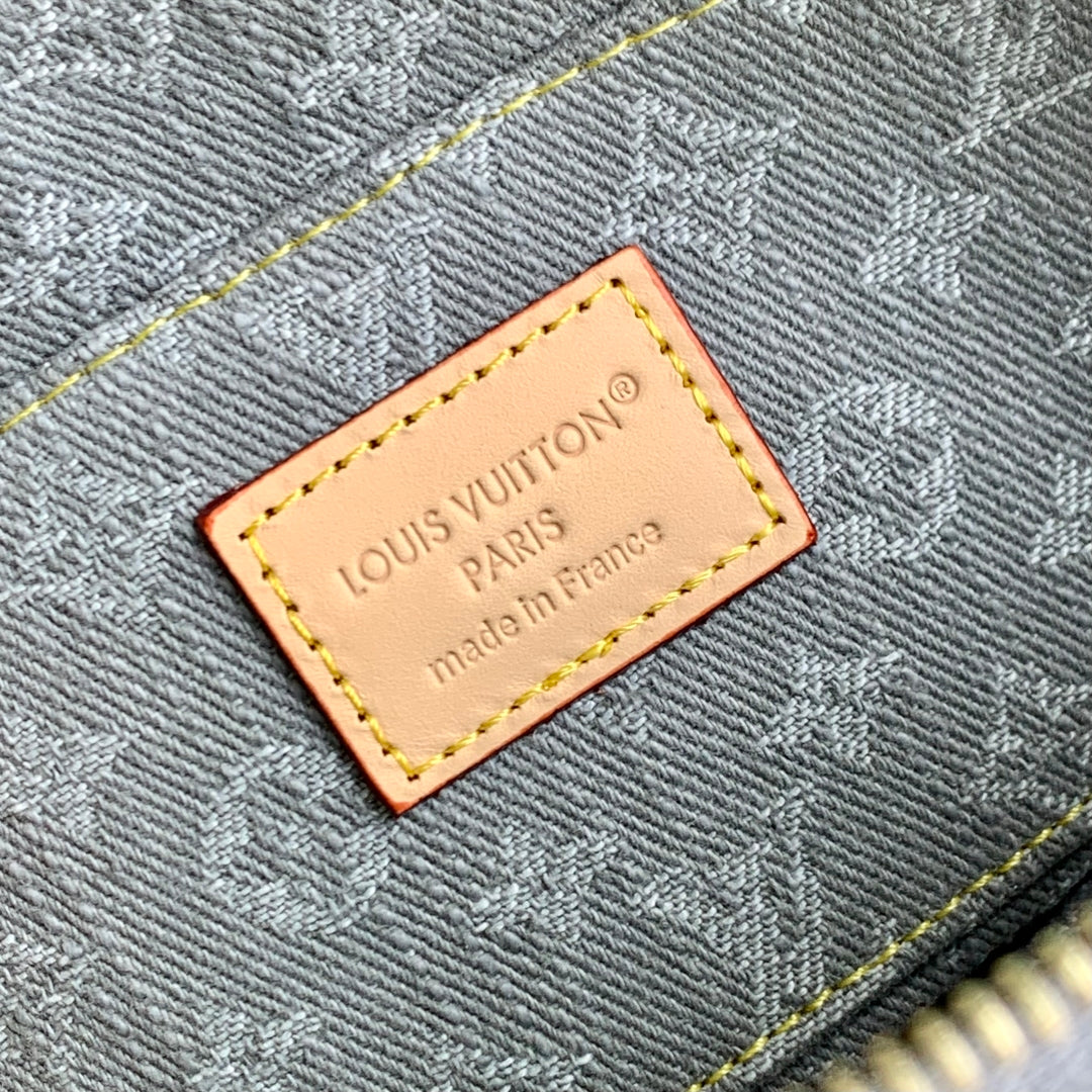 COSMETIC POUCH 19 IN GREY MONOGRAM DENIM GOLD HARDWARE