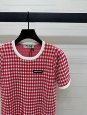 MIUMIU CREW NECK SHORT-SLEEVE PLAID KNIT TOP 274834