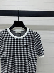 MIUMIU CREW NECK SHORT-SLEEVE PLAID KNIT TOP 274833
