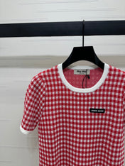 MIUMIU CREW NECK SHORT-SLEEVE PLAID KNIT TOP 274834