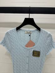 MIUMIU U-NECK KNITTED SHORT-SLEEVE TOP LIGHT BLUE 274948