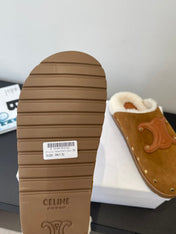 CELINE 26S FUR-LINED MULES IN BROWN SUEDE