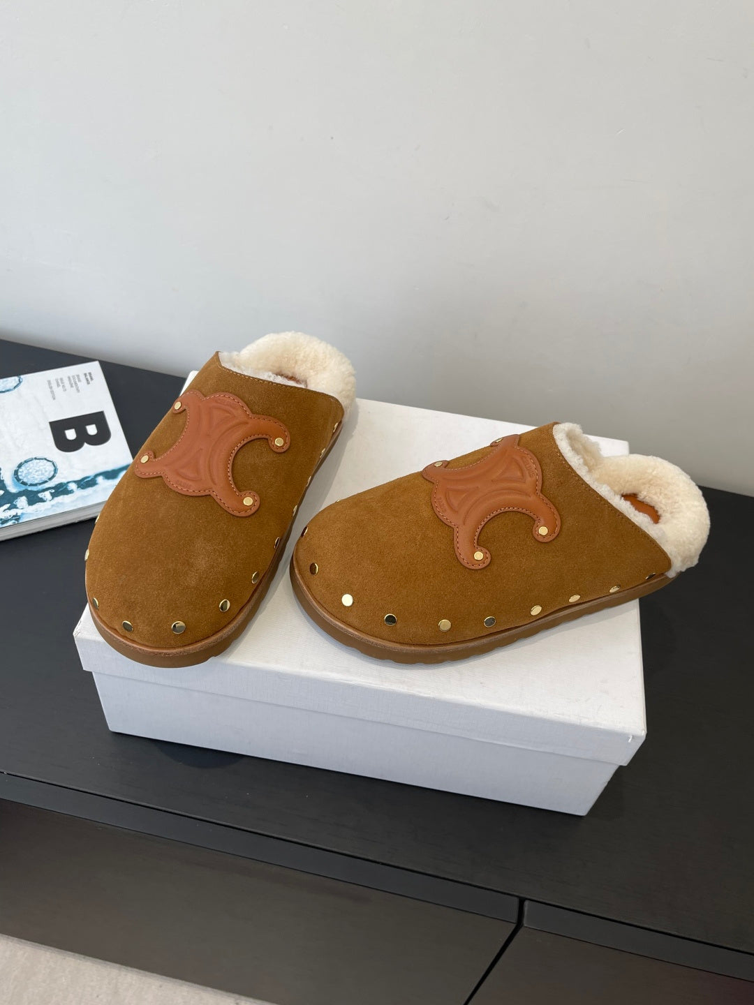 CELINE 26S FUR-LINED MULES IN BROWN SUEDE