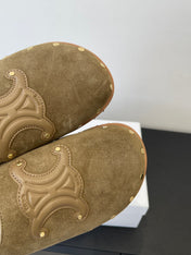 CELINE 26S FUR-LINED MULES IN OLIVE GREEN SUEDE