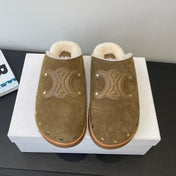 CELINE 26S FUR-LINED MULES IN OLIVE GREEN SUEDE