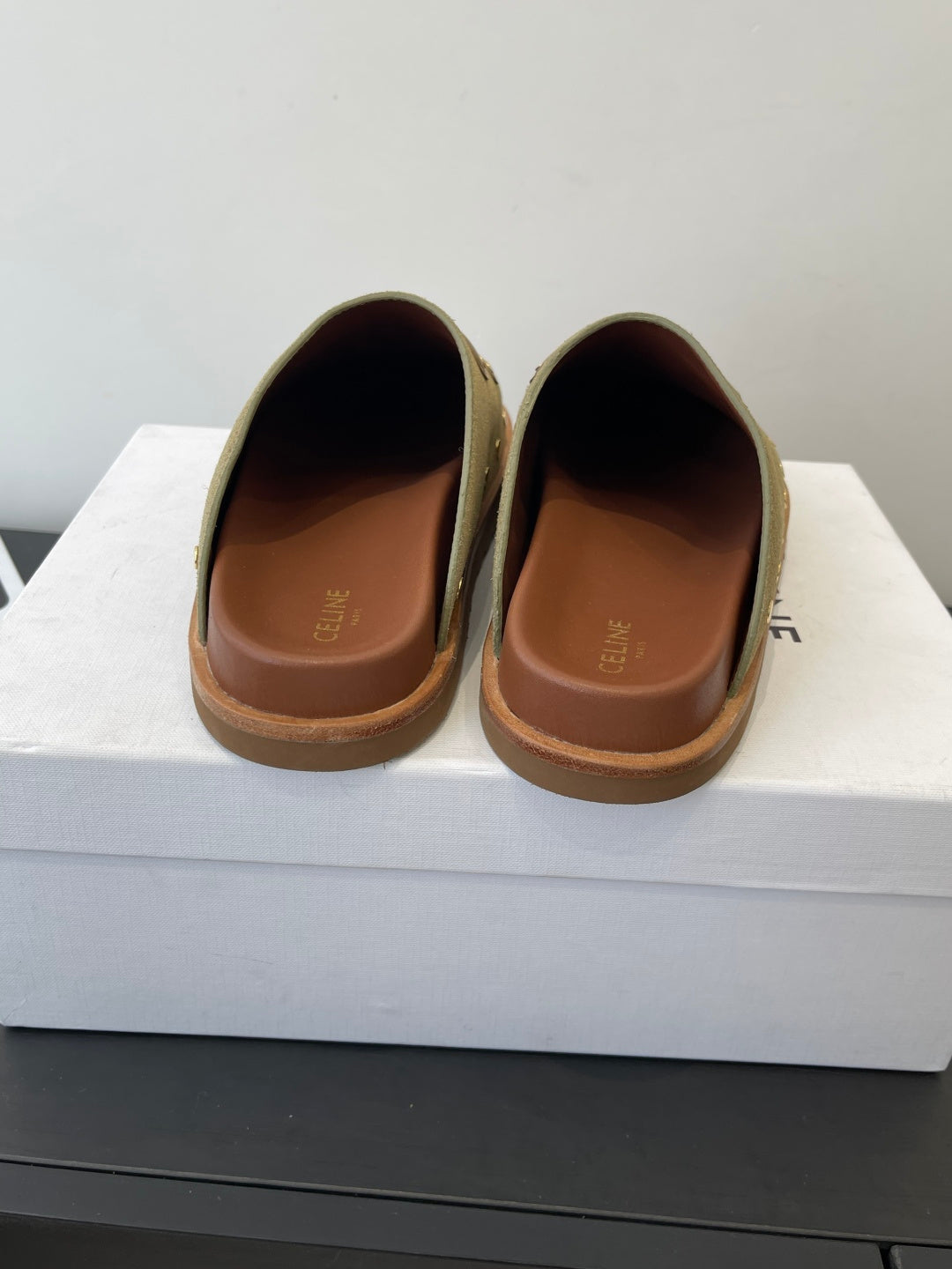 CELINE 26S MULE IN OLIVE GREEN SUEDE