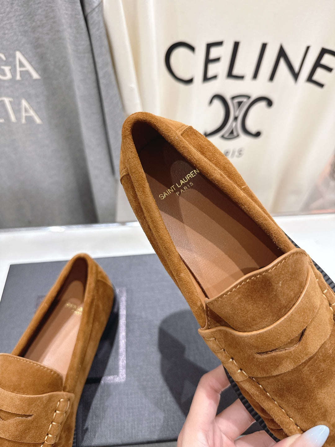 YSL 25S LOAFERS IN COPPER BROWN SUEDE WITH GOLD HARDWARE