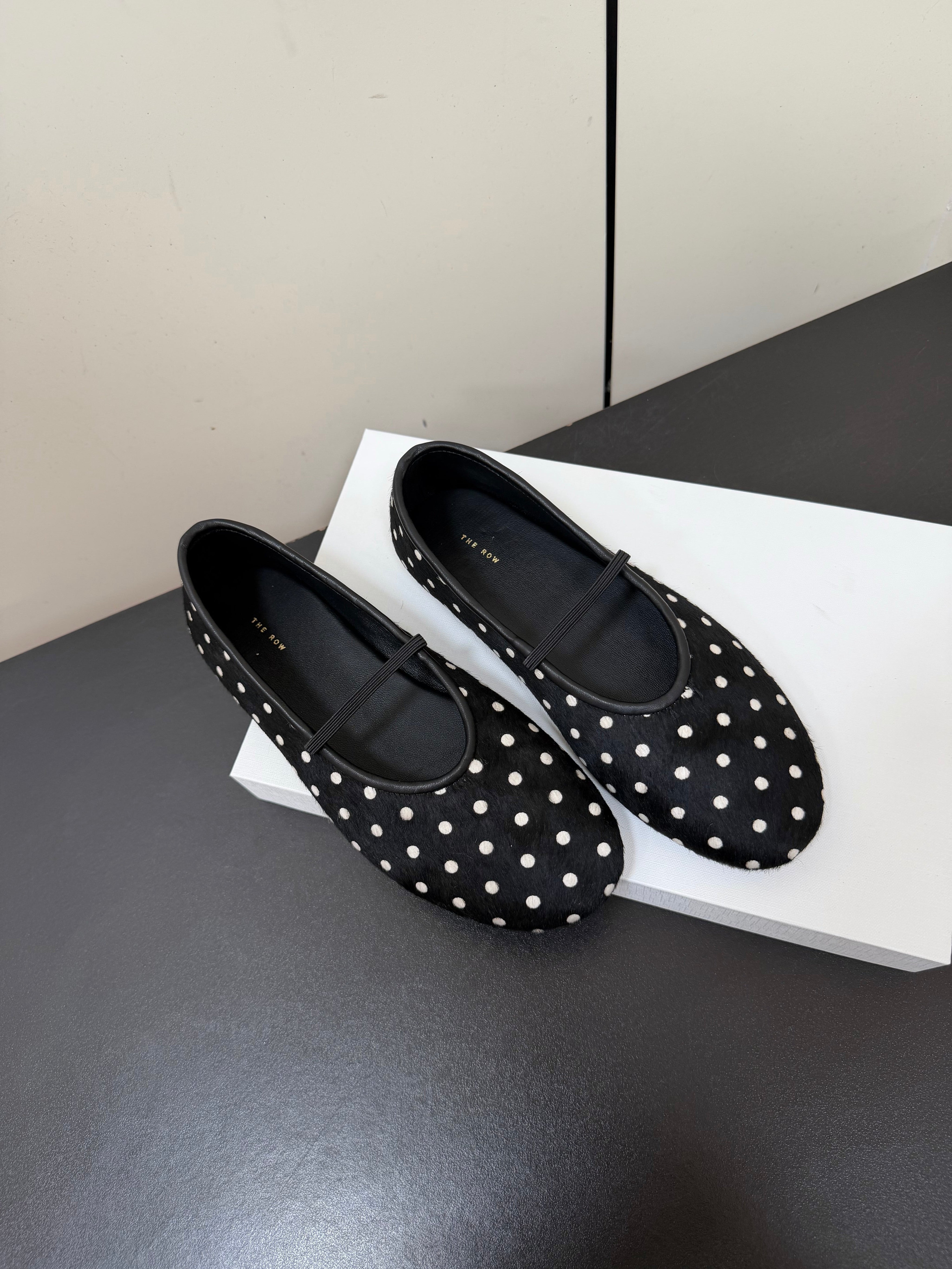 THE ROW 26S BALLET FLATS IN BLACK & WHITE MICRO POLKA DOT CALF HAIR CALFSKIN