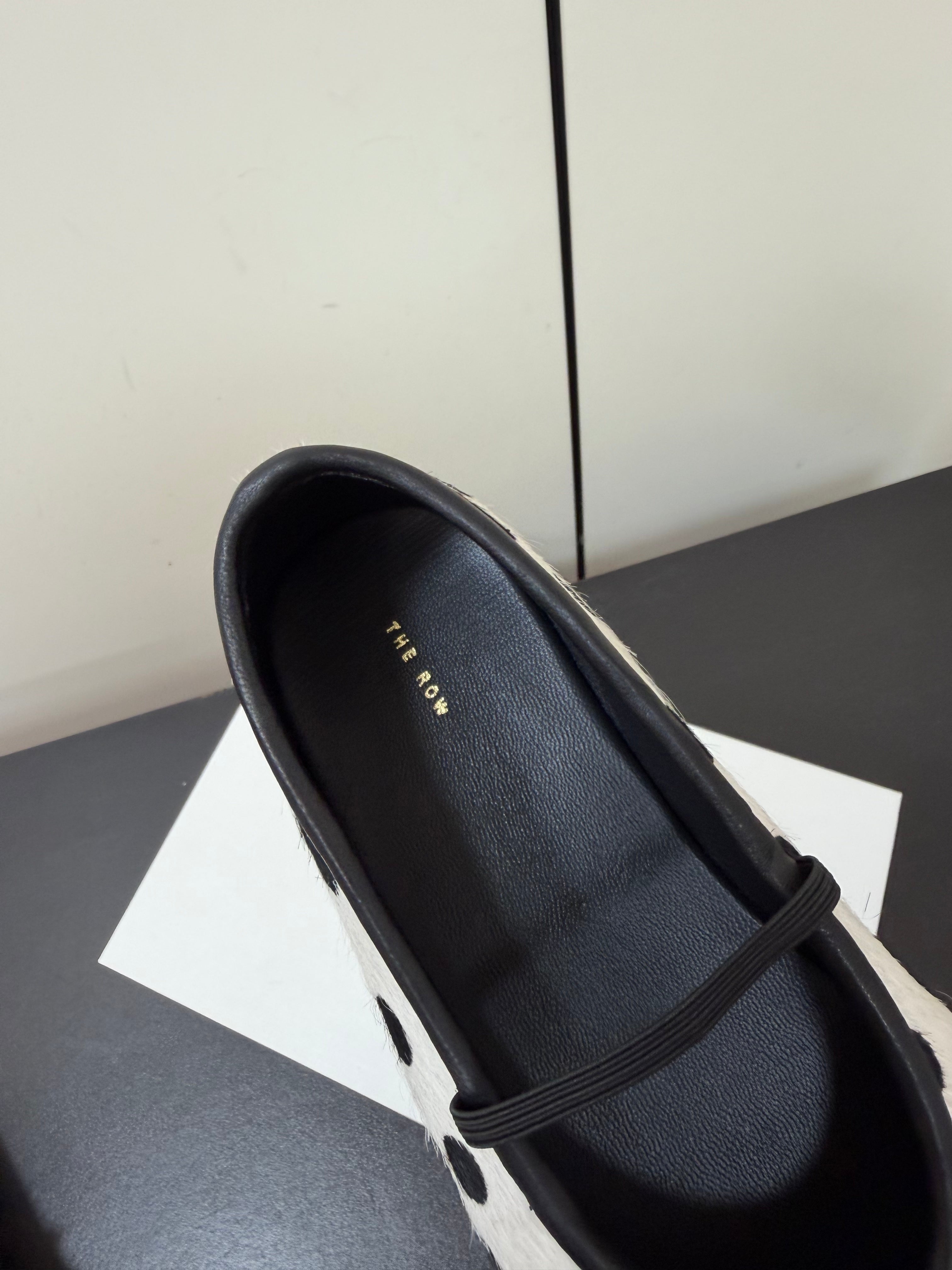 THE ROW 26S BALLET FLATS IN WHITE & BLACK POLKA DOT CALF HAIR CALFSKIN