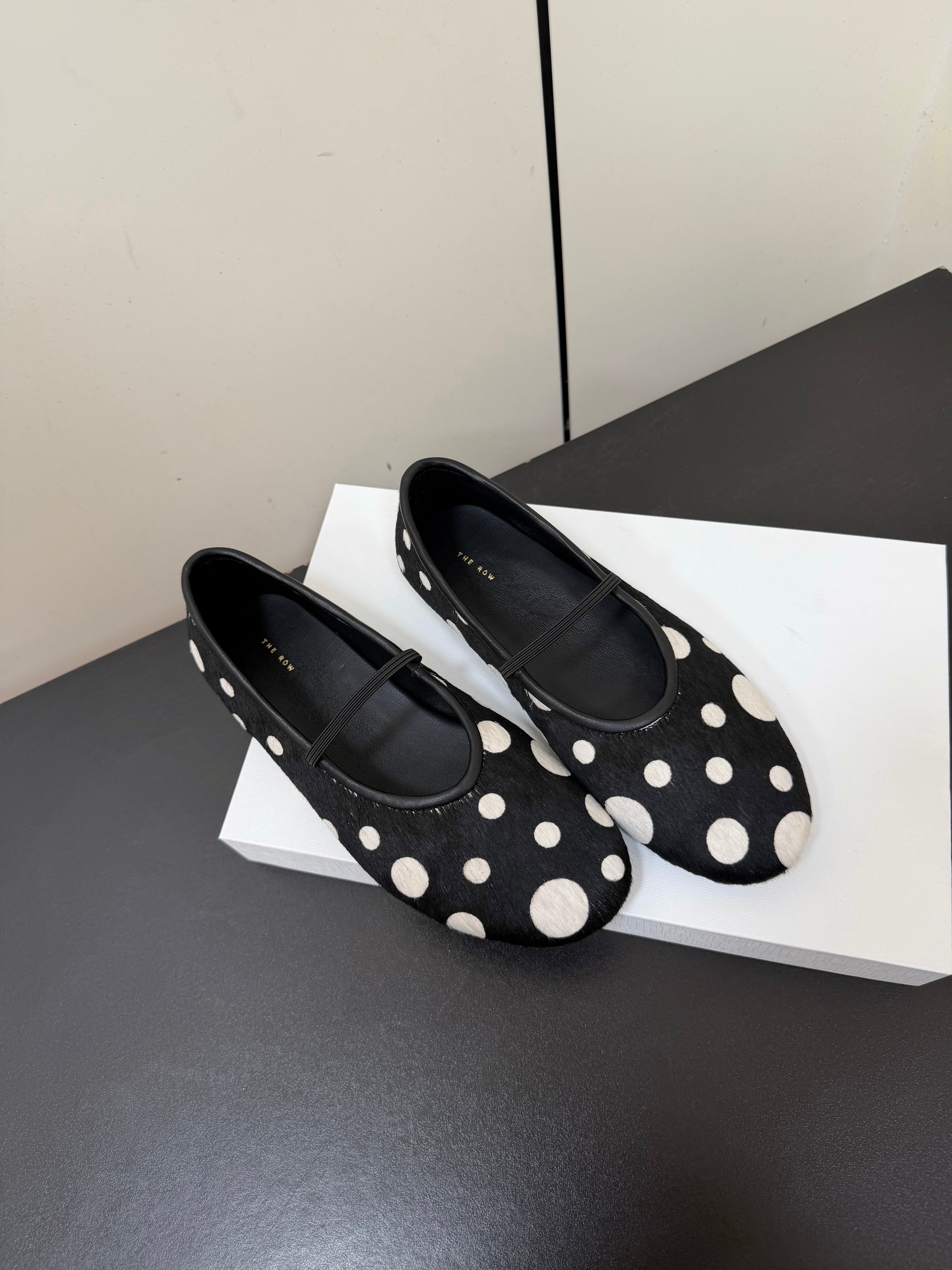 THE ROW 26S BALLET FLATS IN BLACK & WHITE POLKA DOT CALF HAIR CALFSKIN