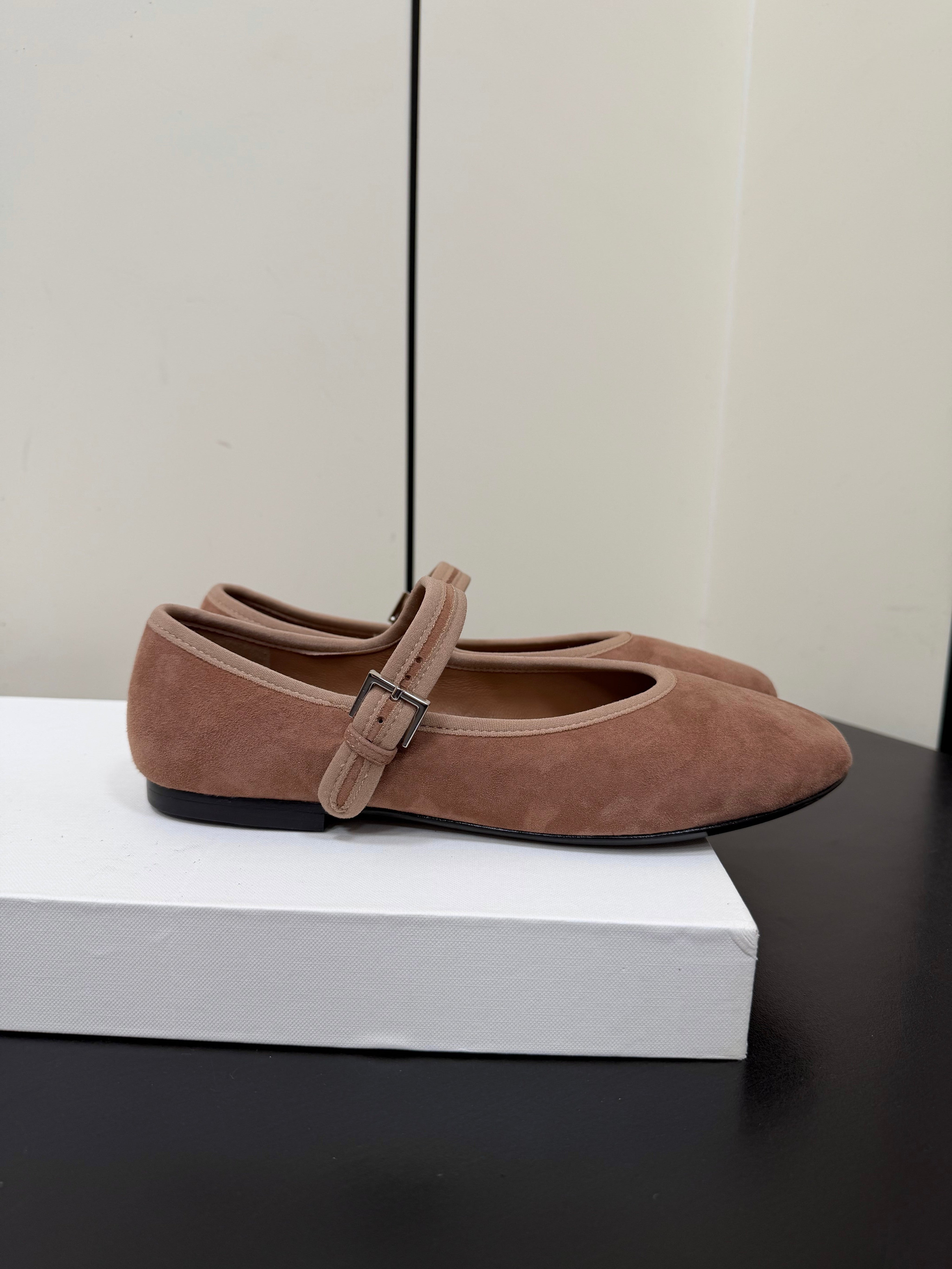 THE ROW 26S MARY JANE BALLET FLATS IN BROWN SUEDE WITH SILVER HARDWARE