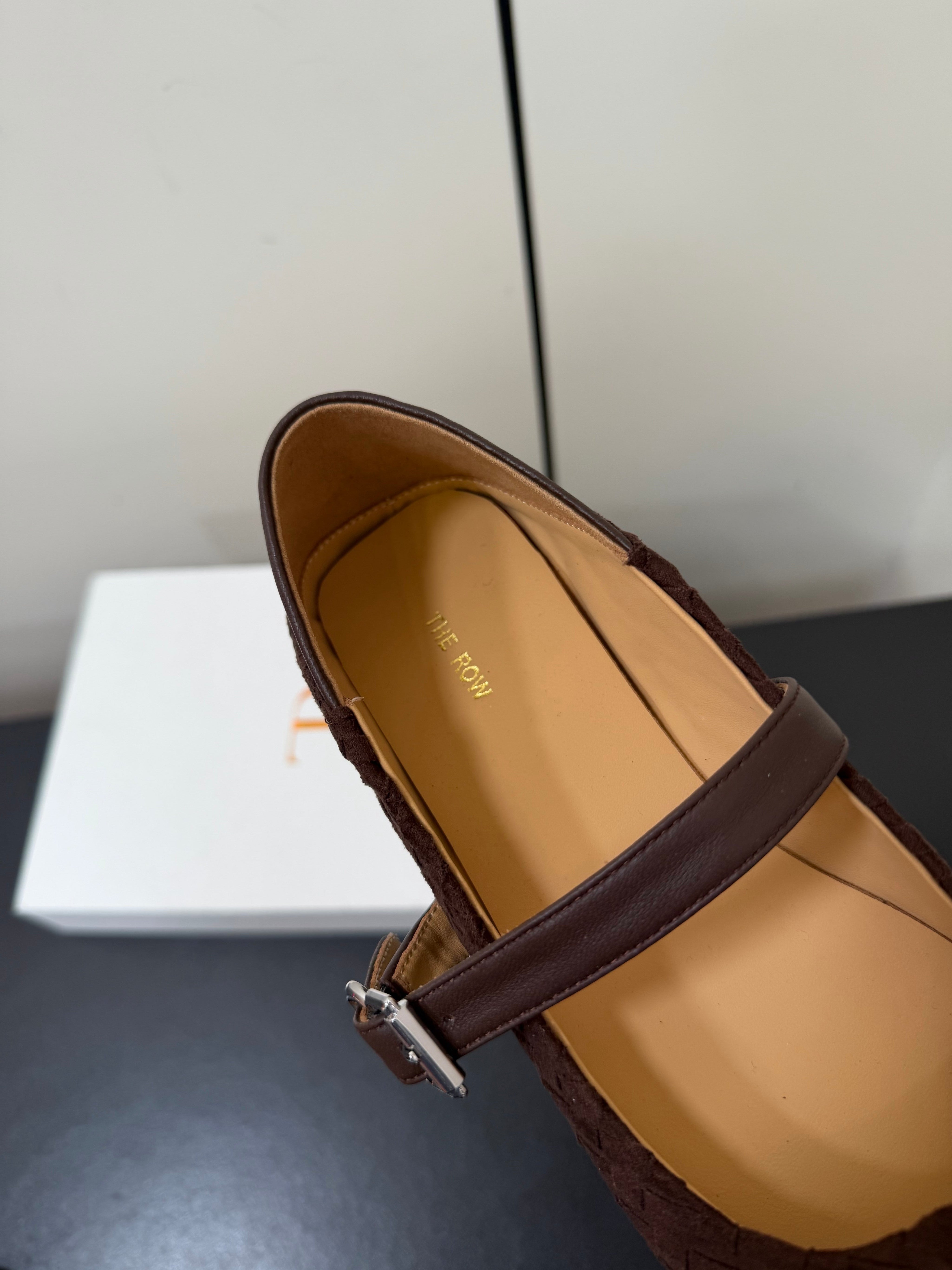 THE ROW 26S MARY JANE BALLET FLATS IN DARK BROWN SUEDE AND CALFSKIN