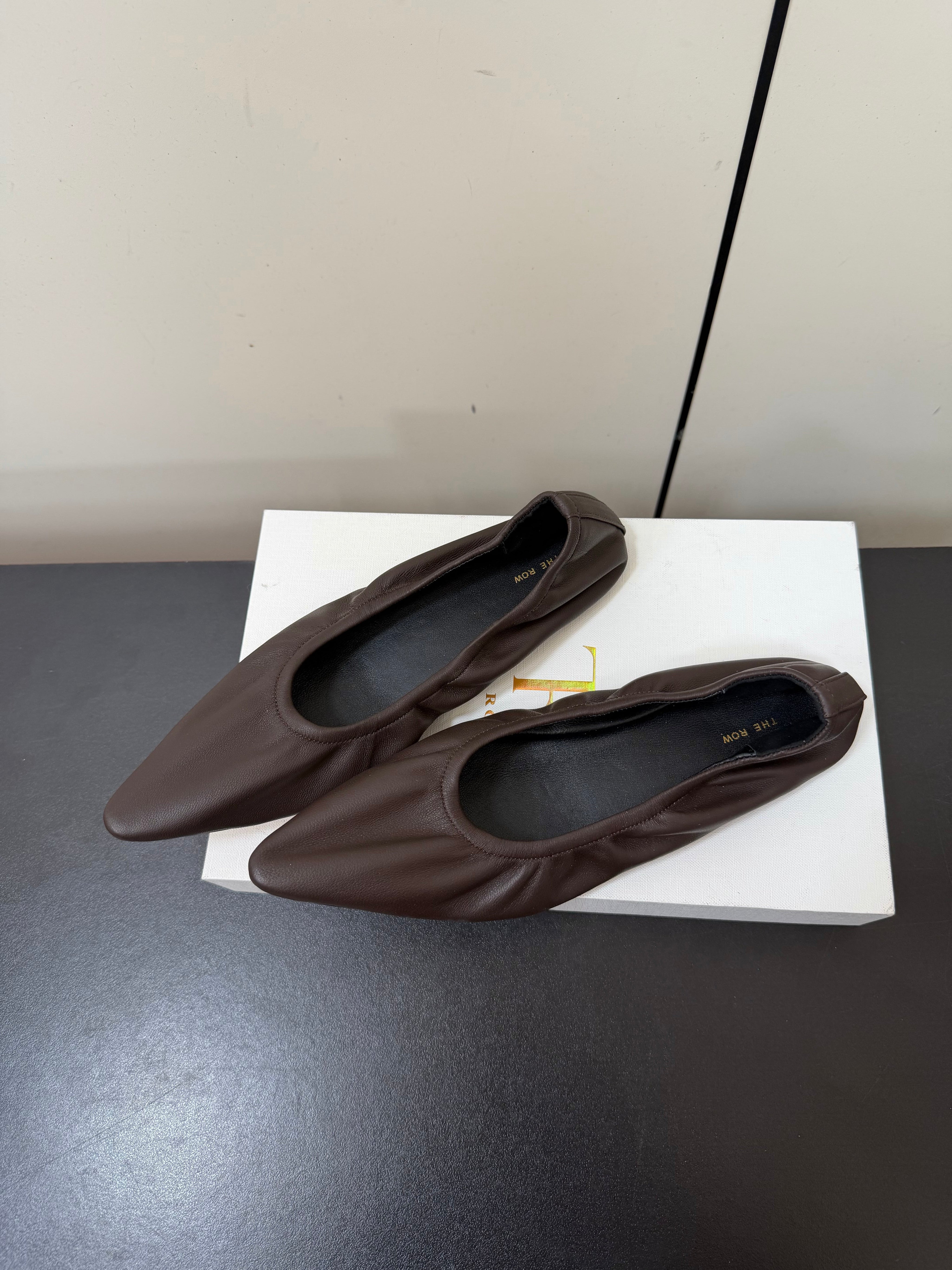 THE ROW 26S POINTED TOE BALLET FLATS IN CHOCOLATE BROWN LAMBSKIN