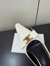 CELINE 26S TRIOMPHE SLINGBACK PUMPS IN WHITE PATENT CALFSKIN GOLD HARDWARE