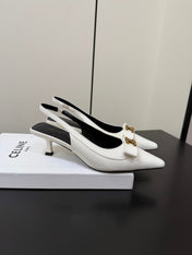 CELINE 26S TRIOMPHE SLINGBACK PUMPS IN WHITE PATENT CALFSKIN GOLD HARDWARE