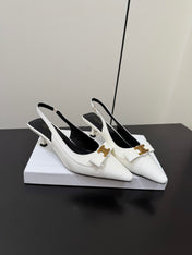 CELINE 26S TRIOMPHE SLINGBACK PUMPS IN WHITE PATENT CALFSKIN GOLD HARDWARE