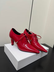 CELINE 26S LACE UP POINTED TOE PUMPS IN DARK RED PATENT CALFSKIN