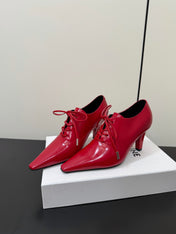 CELINE 26S LACE UP POINTED TOE PUMPS IN DARK RED PATENT CALFSKIN