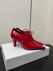 CELINE 26S LACE UP POINTED TOE PUMPS IN DARK RED PATENT CALFSKIN