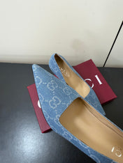 GUCCI 26S POINTED TOE PUMPS 85MM IN LIGHT BLUE DENIM GG MONOGRAM