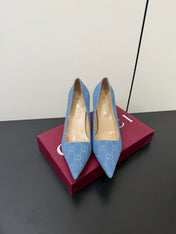 GUCCI 26S POINTED TOE PUMPS 85MM IN LIGHT BLUE DENIM GG MONOGRAM