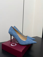 GUCCI 26S POINTED TOE PUMPS 85MM IN LIGHT BLUE DENIM GG MONOGRAM