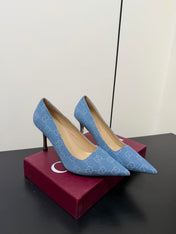 GUCCI 26S POINTED TOE PUMPS 85MM IN LIGHT BLUE DENIM GG MONOGRAM